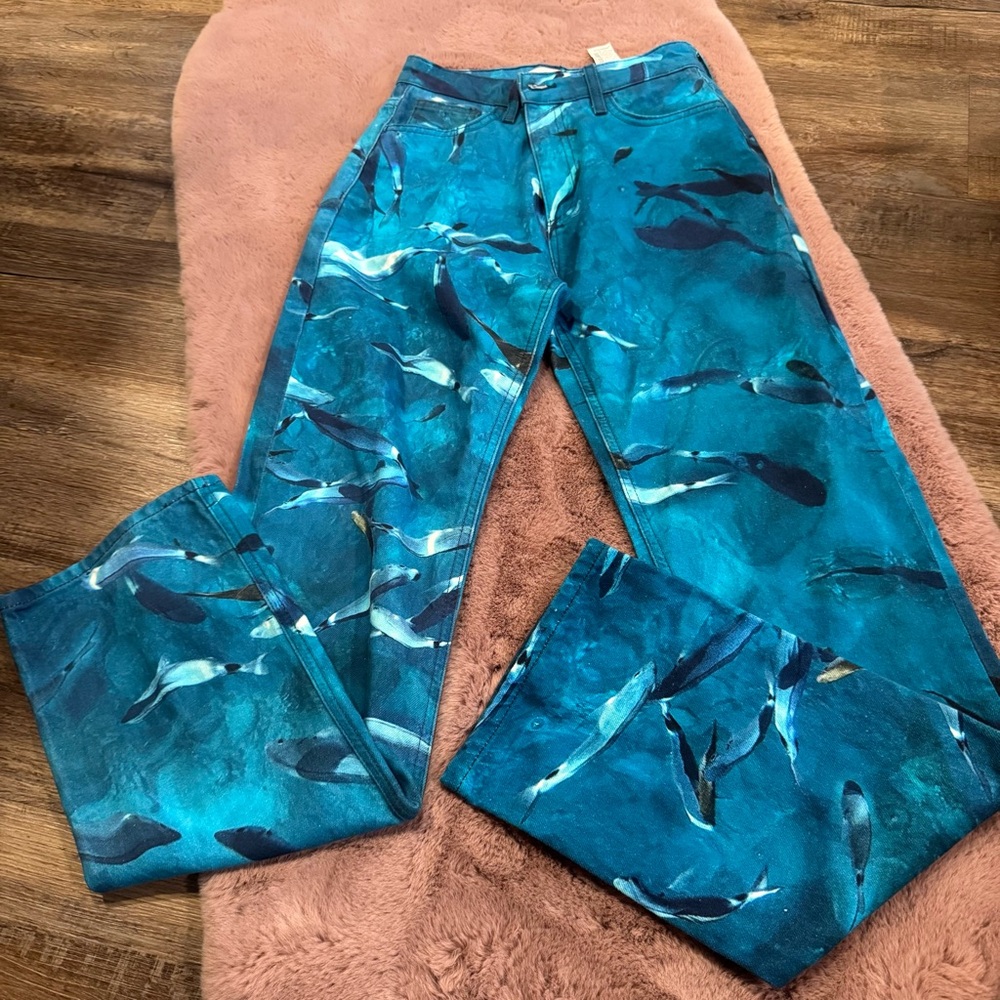 Zara Teal & Navy Shark Straight Leg Jeans